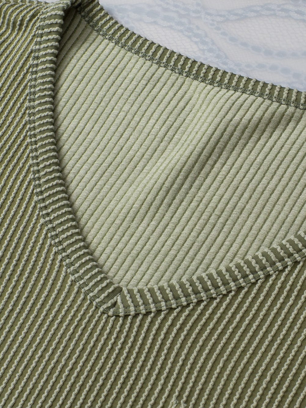 Green Corded Twist V Neck Short Sleeve Ribbed Top