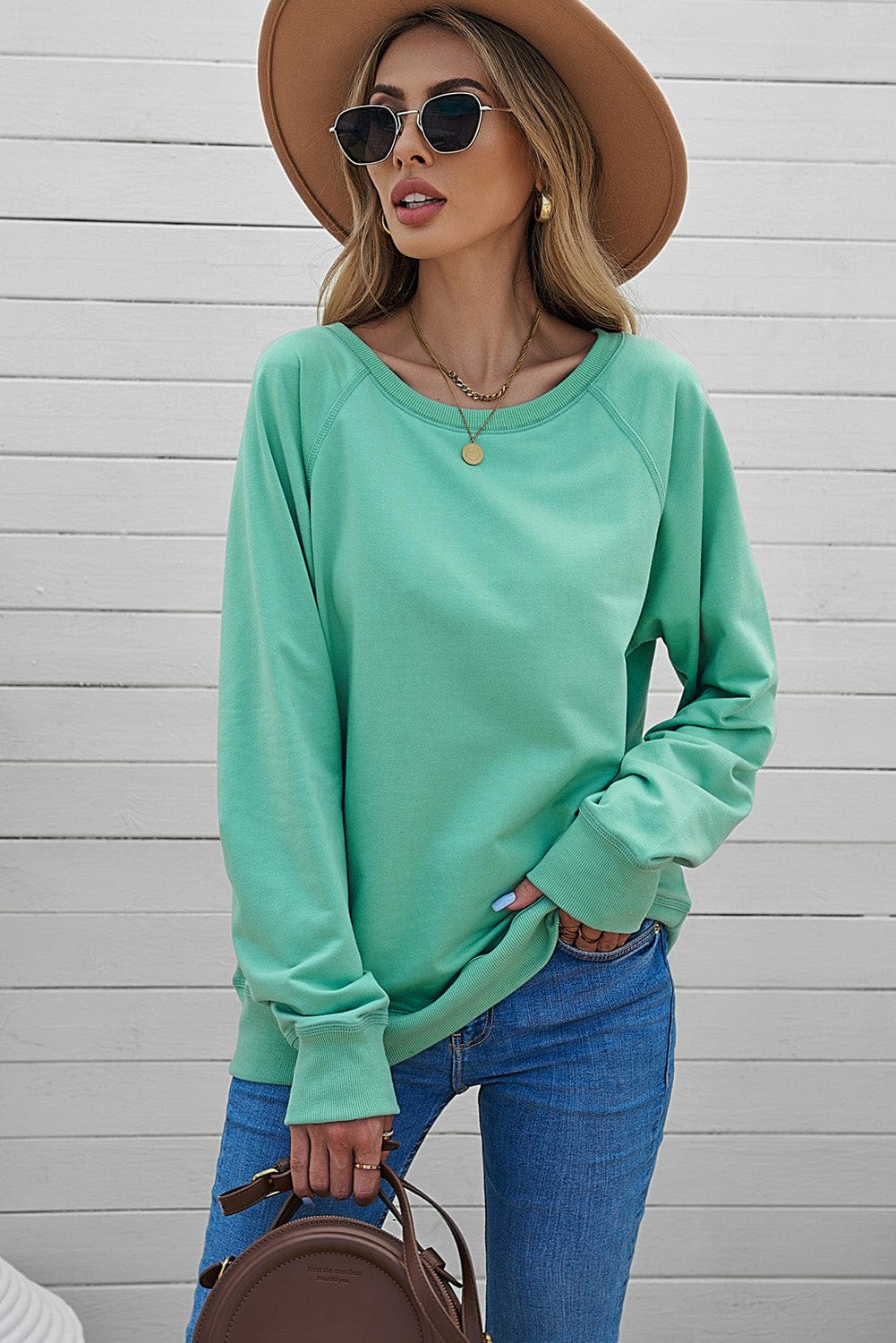 Green Crew Neck French Terry Pullover Sweatshirt for Women