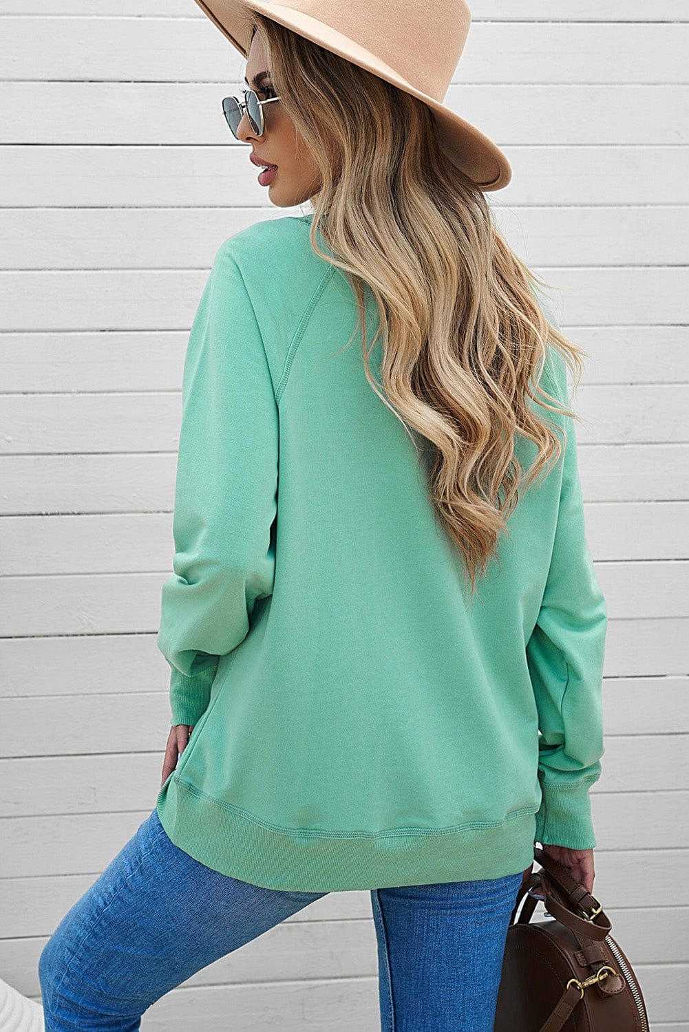 Green Crew Neck French Terry Pullover Sweatshirt for Women