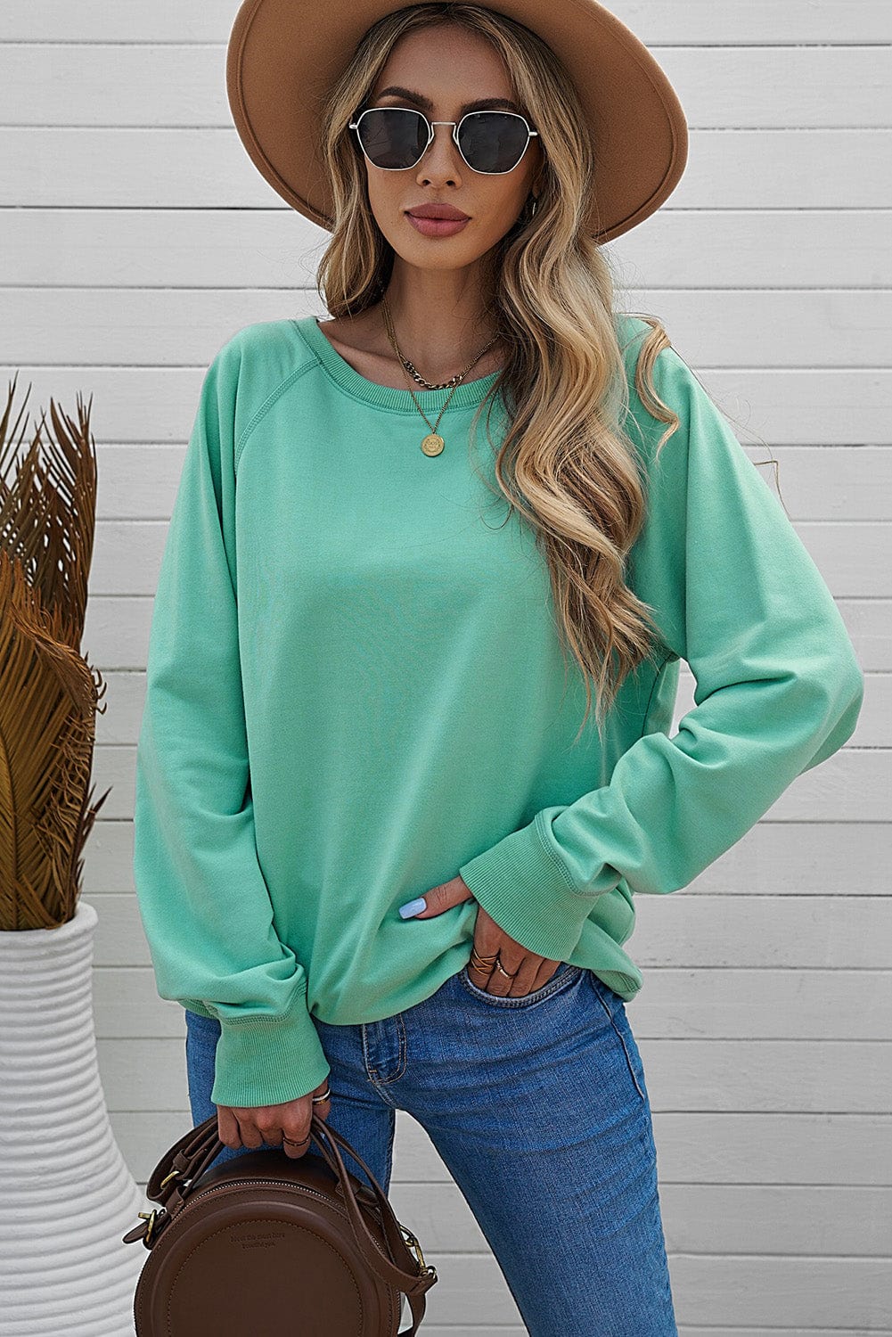 Green Crew Neck French Terry Pullover Sweatshirt for Women