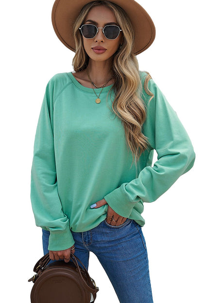 Green Crew Neck French Terry Pullover Sweatshirt for Women