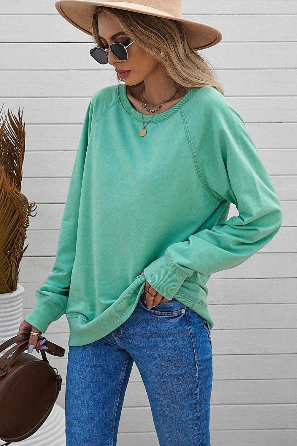 Green Crew Neck French Terry Pullover Sweatshirt for Women