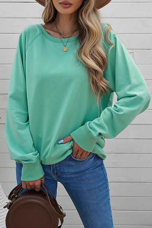 Green Crew Neck French Terry Pullover Sweatshirt for Women