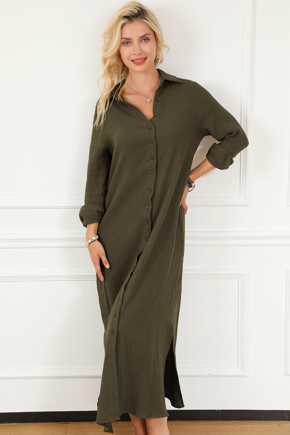 Green Crinkle Textured Button Up Casual Shirt Maxi Dress