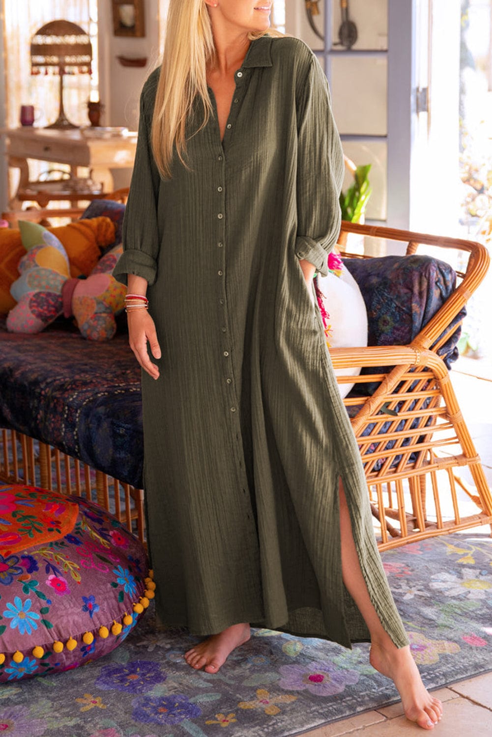 Green Crinkle Textured Button Up Casual Shirt Maxi Dress
