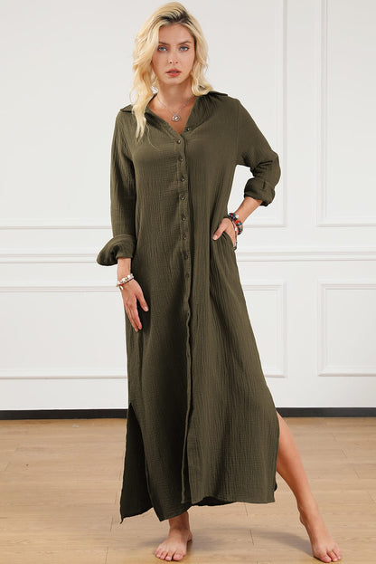 Green Crinkle Textured Button Up Casual Shirt Maxi Dress