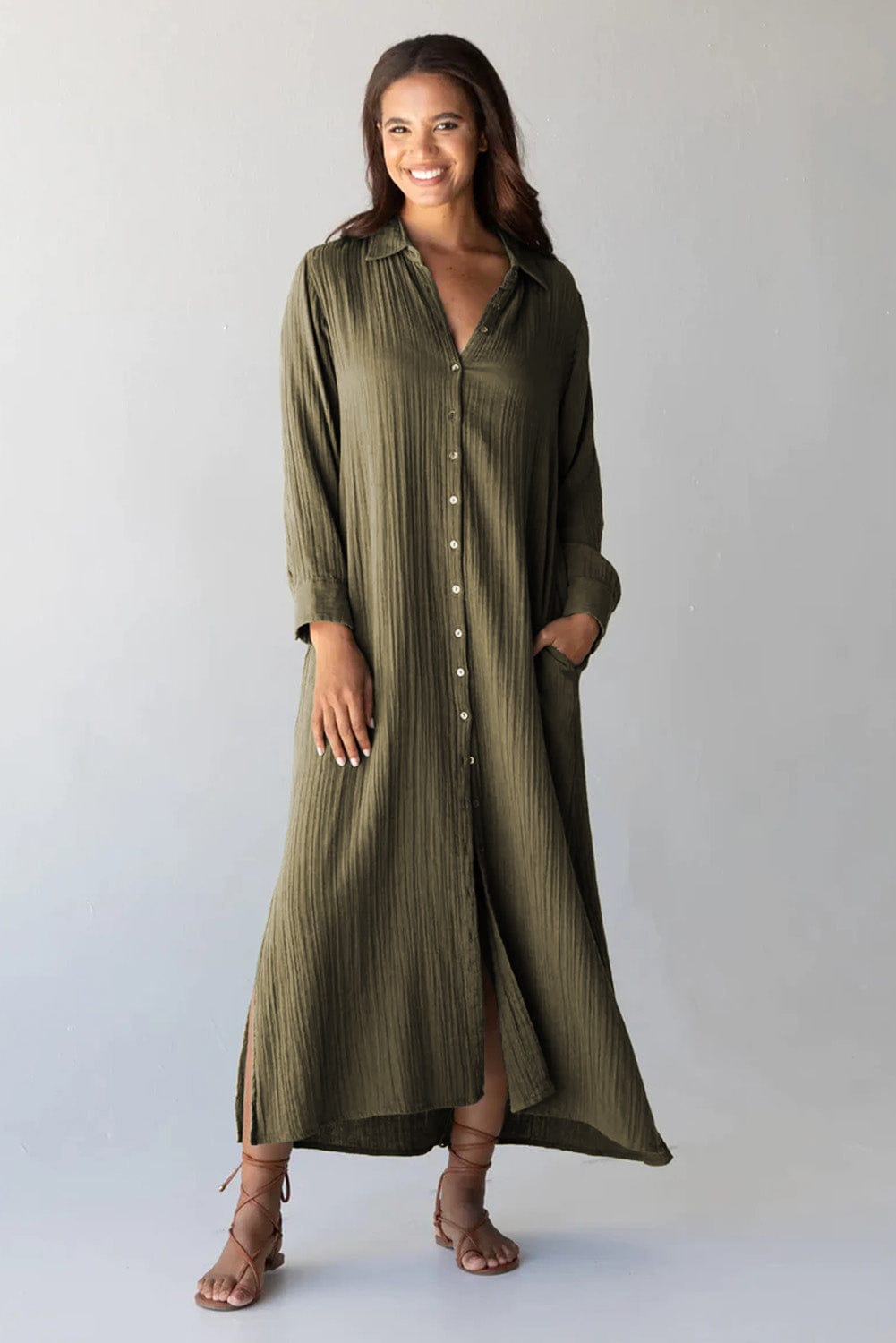 Green Crinkle Textured Button Up Casual Shirt Maxi Dress