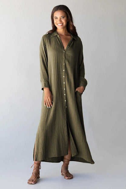 Green Crinkle Textured Button Up Casual Shirt Maxi Dress