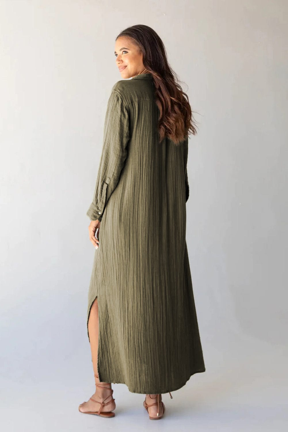 Green Crinkle Textured Button Up Casual Shirt Maxi Dress