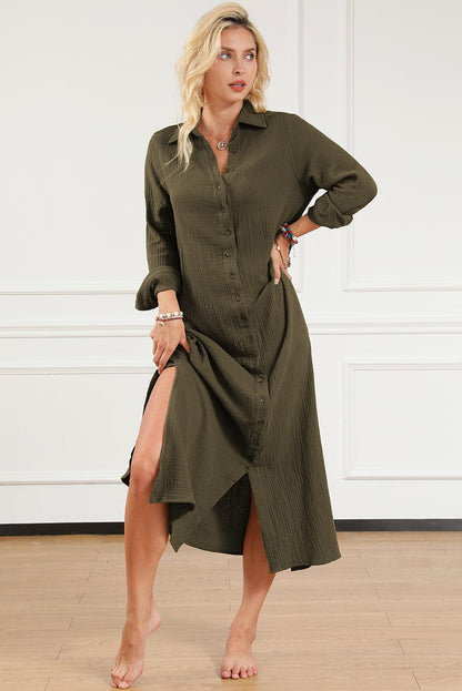 Green Crinkle Textured Button Up Casual Shirt Maxi Dress
