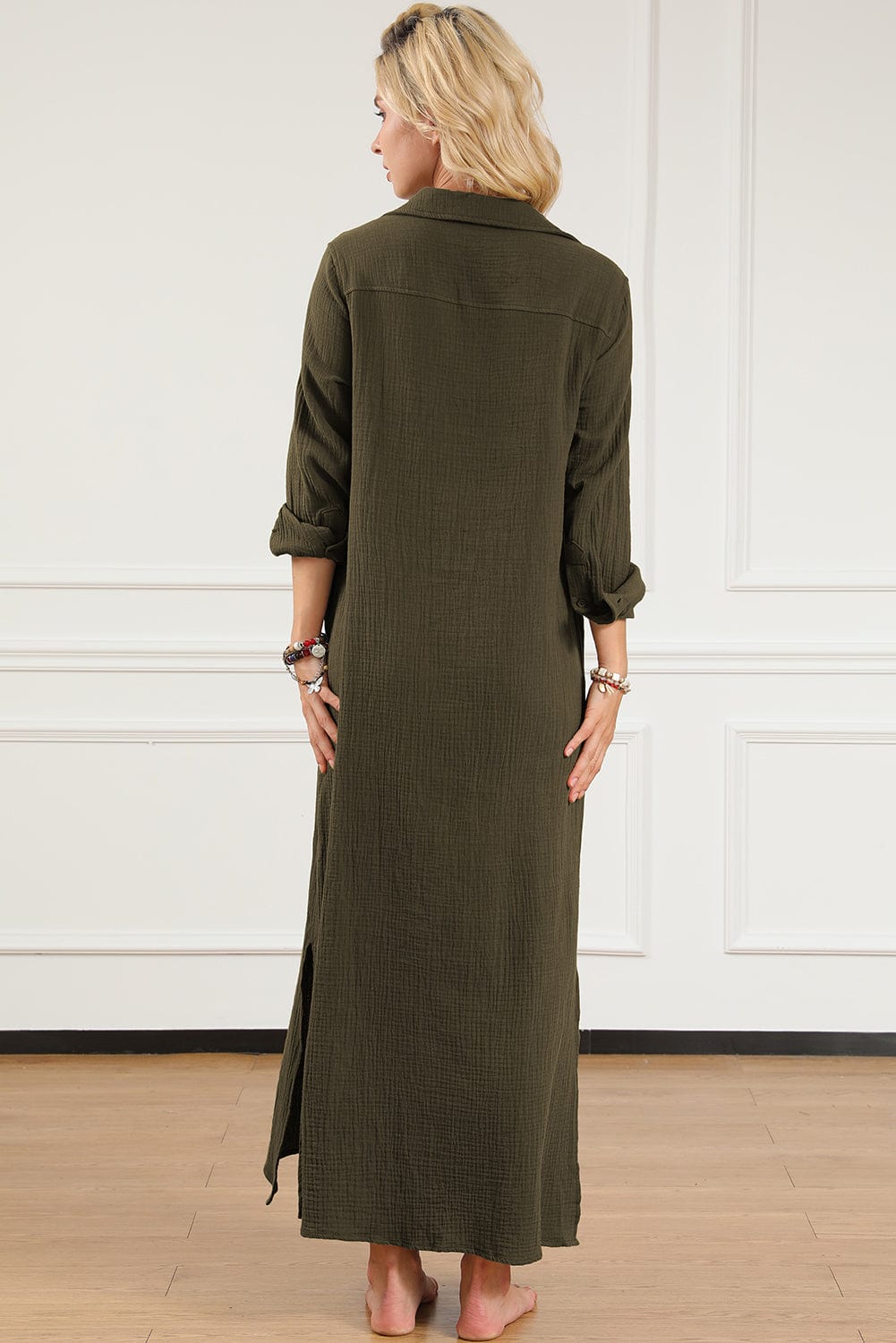 Green Crinkle Textured Button Up Casual Shirt Maxi Dress
