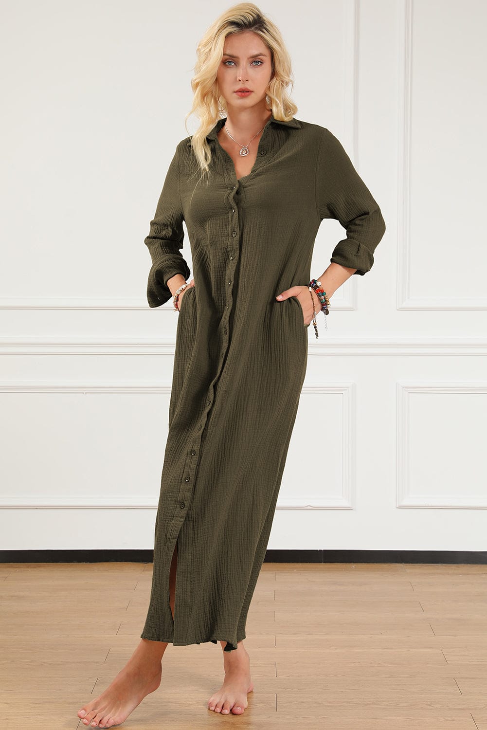 Green Crinkle Textured Button Up Casual Shirt Maxi Dress