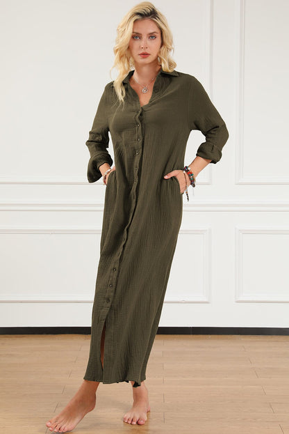 Green Crinkle Textured Button Up Casual Shirt Maxi Dress
