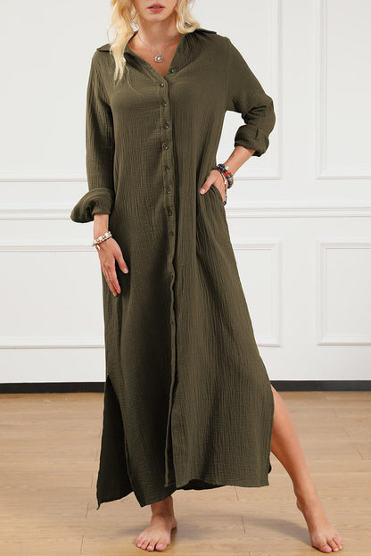 Green Crinkle Textured Button Up Casual Shirt Maxi Dress