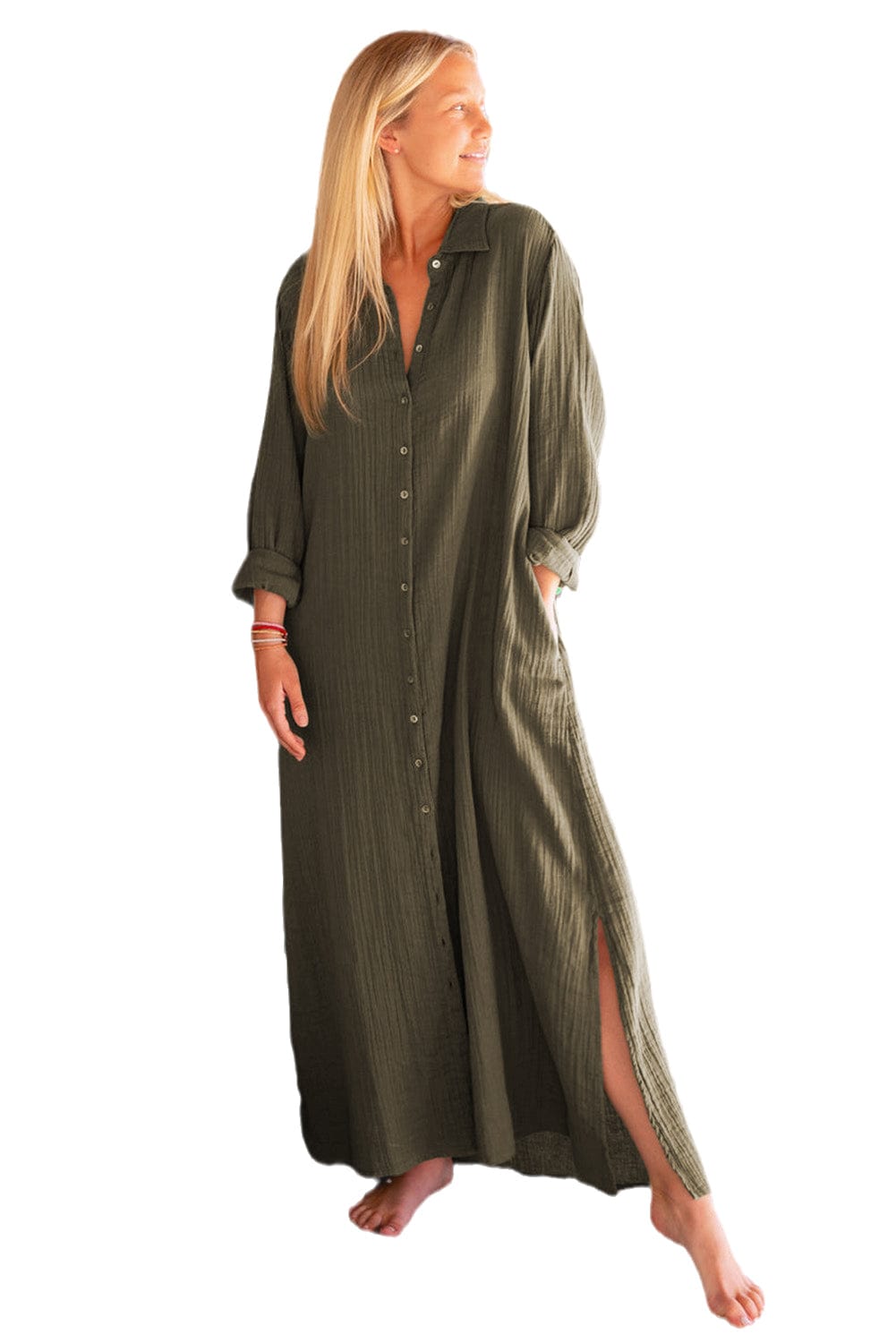 Green Crinkle Textured Button Up Casual Shirt Maxi Dress