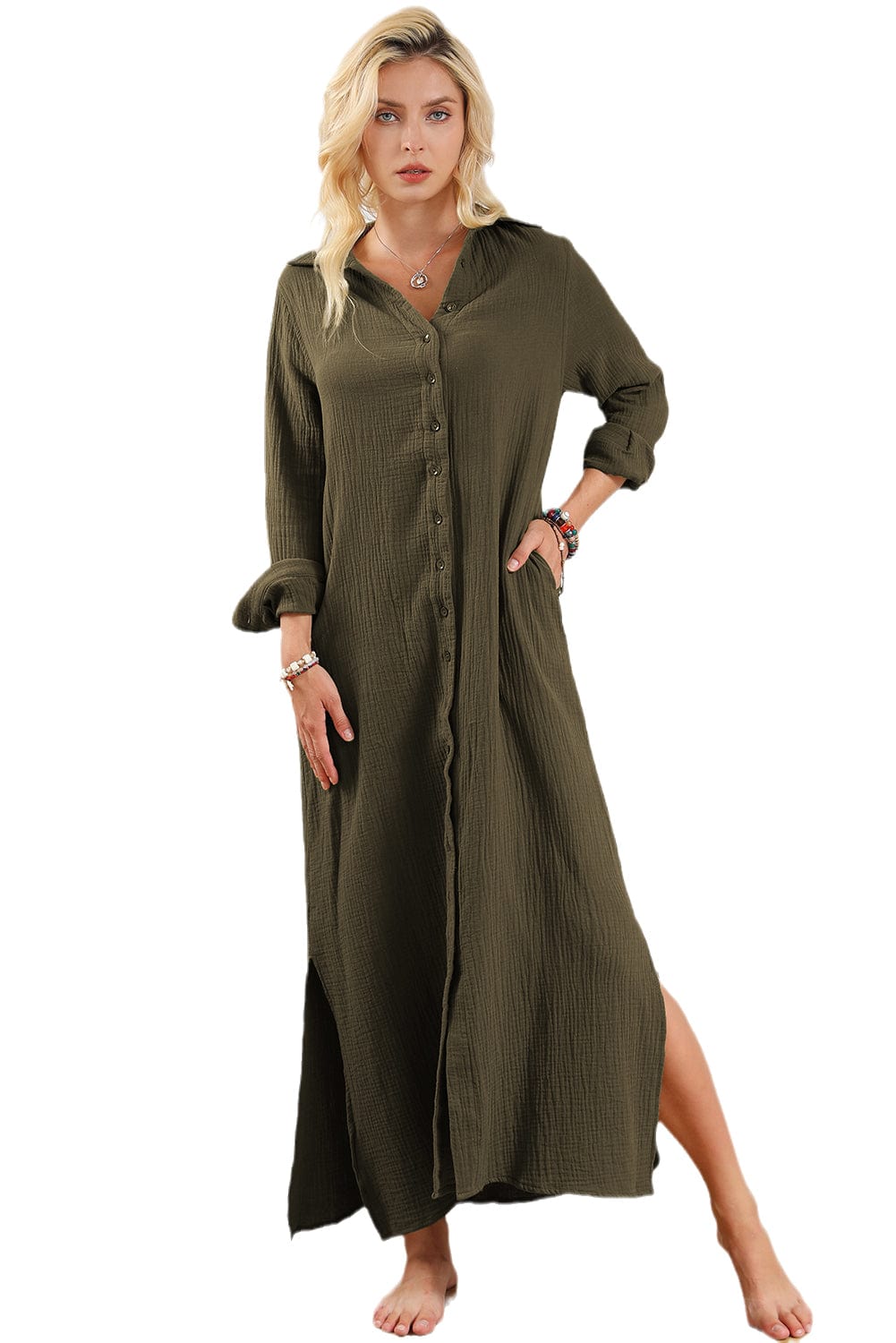 Green Crinkle Textured Button Up Casual Shirt Maxi Dress