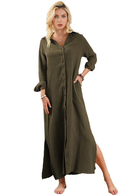 Green Crinkle Textured Button Up Casual Shirt Maxi Dress