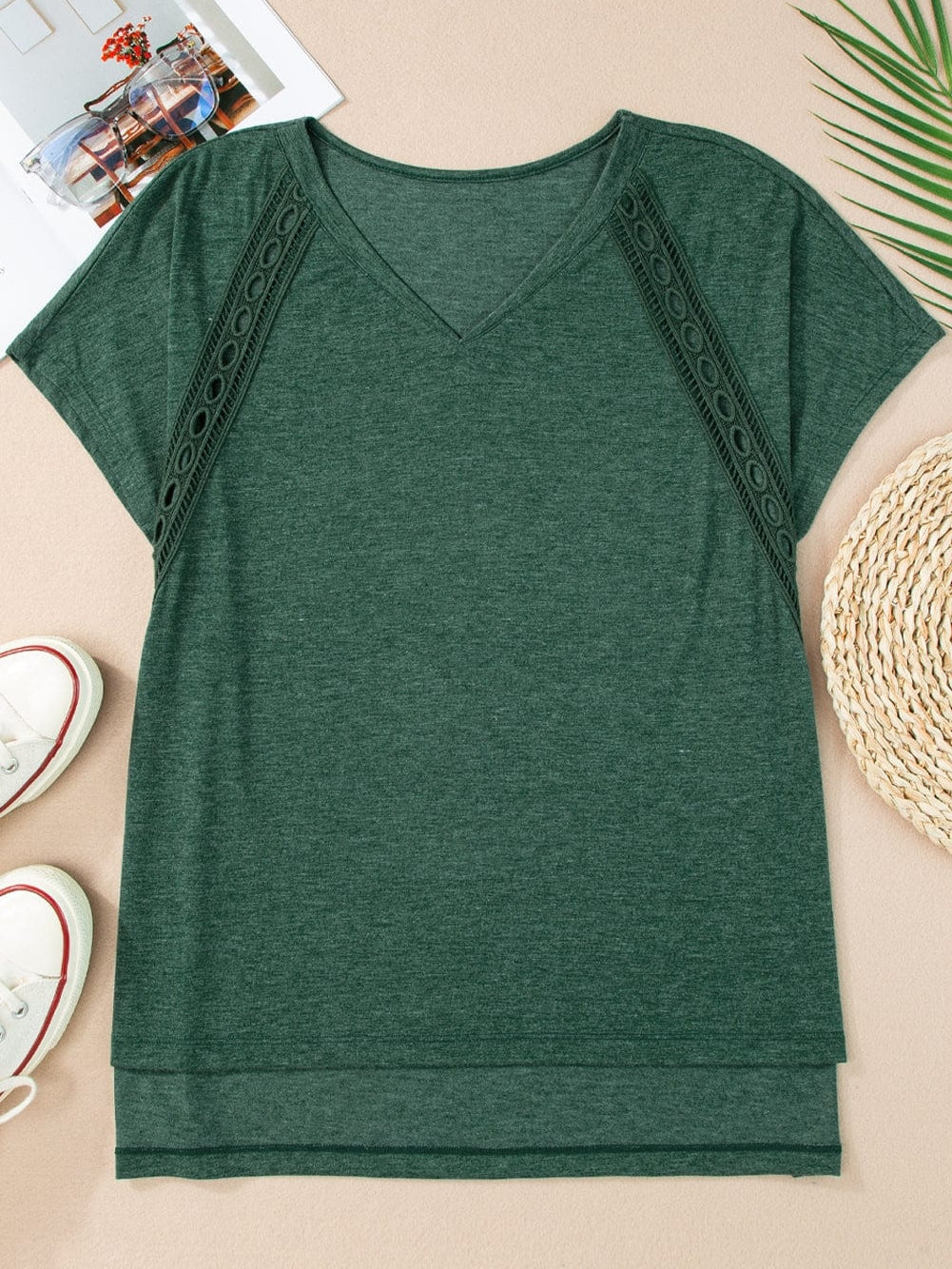 Green Crochet Lace Bat Sleeve Oversized Tee