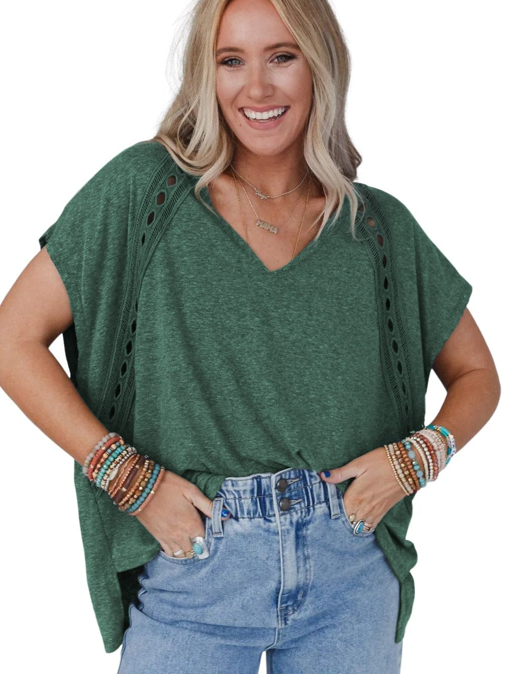 Green Crochet Lace Bat Sleeve Oversized Tee