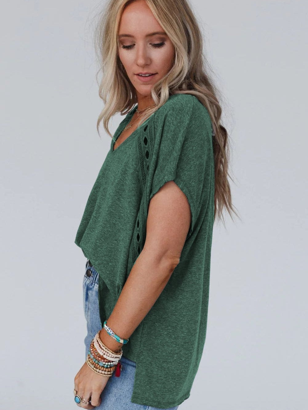 Green Crochet Lace Bat Sleeve Oversized Tee