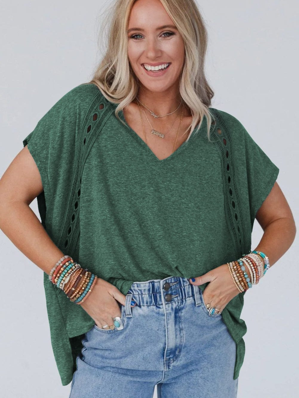 Green Crochet Lace Bat Sleeve Oversized Tee