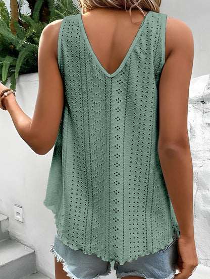 Green Crochet Lace V-Neck Sleeveless Tank Top with Elegant Hollowouts