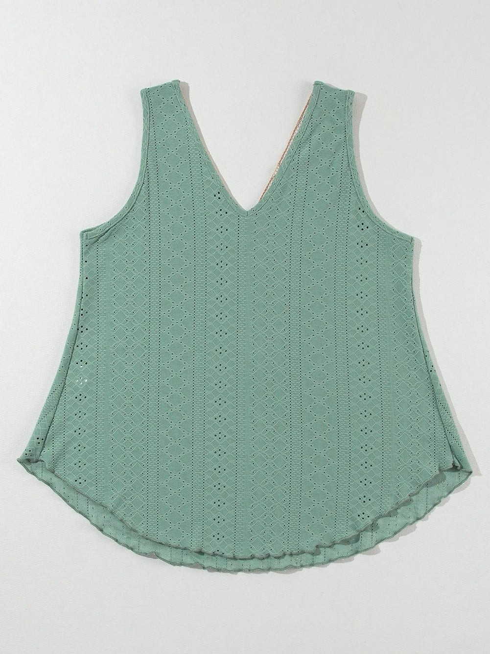 Green Crochet Lace V-Neck Sleeveless Tank Top with Elegant Hollowouts