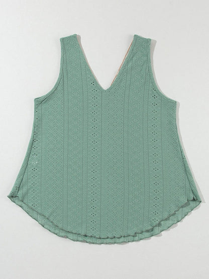 Green Crochet Lace V-Neck Sleeveless Tank Top with Elegant Hollowouts