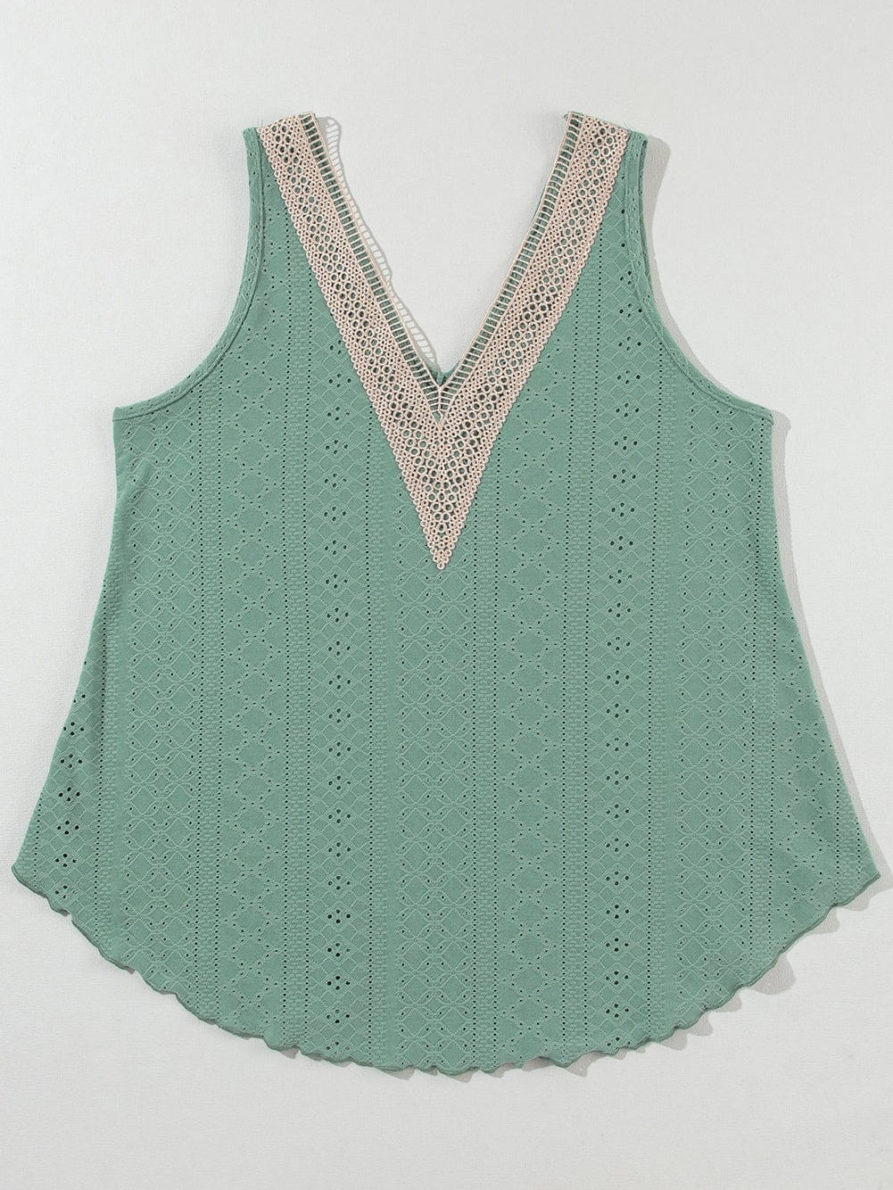 Green Crochet Lace V-Neck Sleeveless Tank Top with Elegant Hollowouts