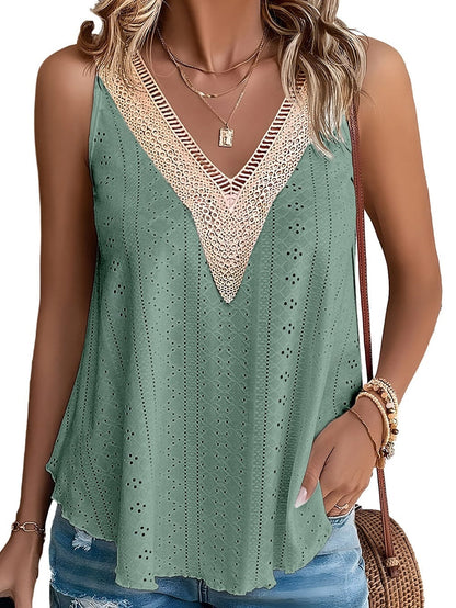 Green Crochet Lace V-Neck Sleeveless Tank Top with Elegant Hollowouts