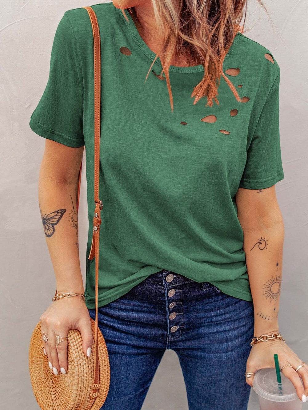Green Cut-Out Crew Neck Tunic Tee
