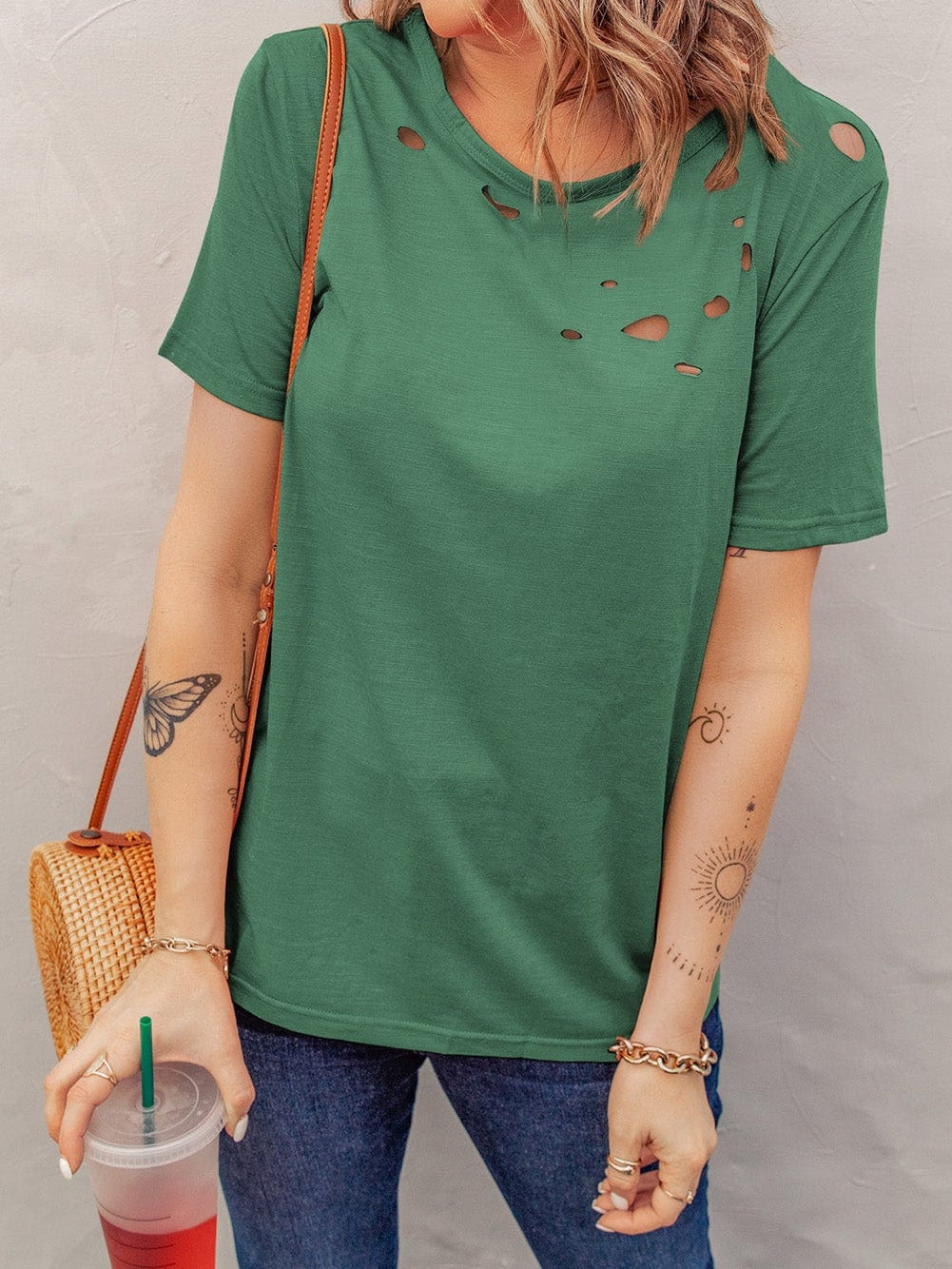 Green Cut-Out Crew Neck Tunic Tee