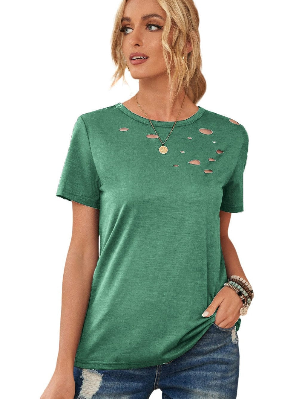 Green Cut-Out Crew Neck Tunic Tee