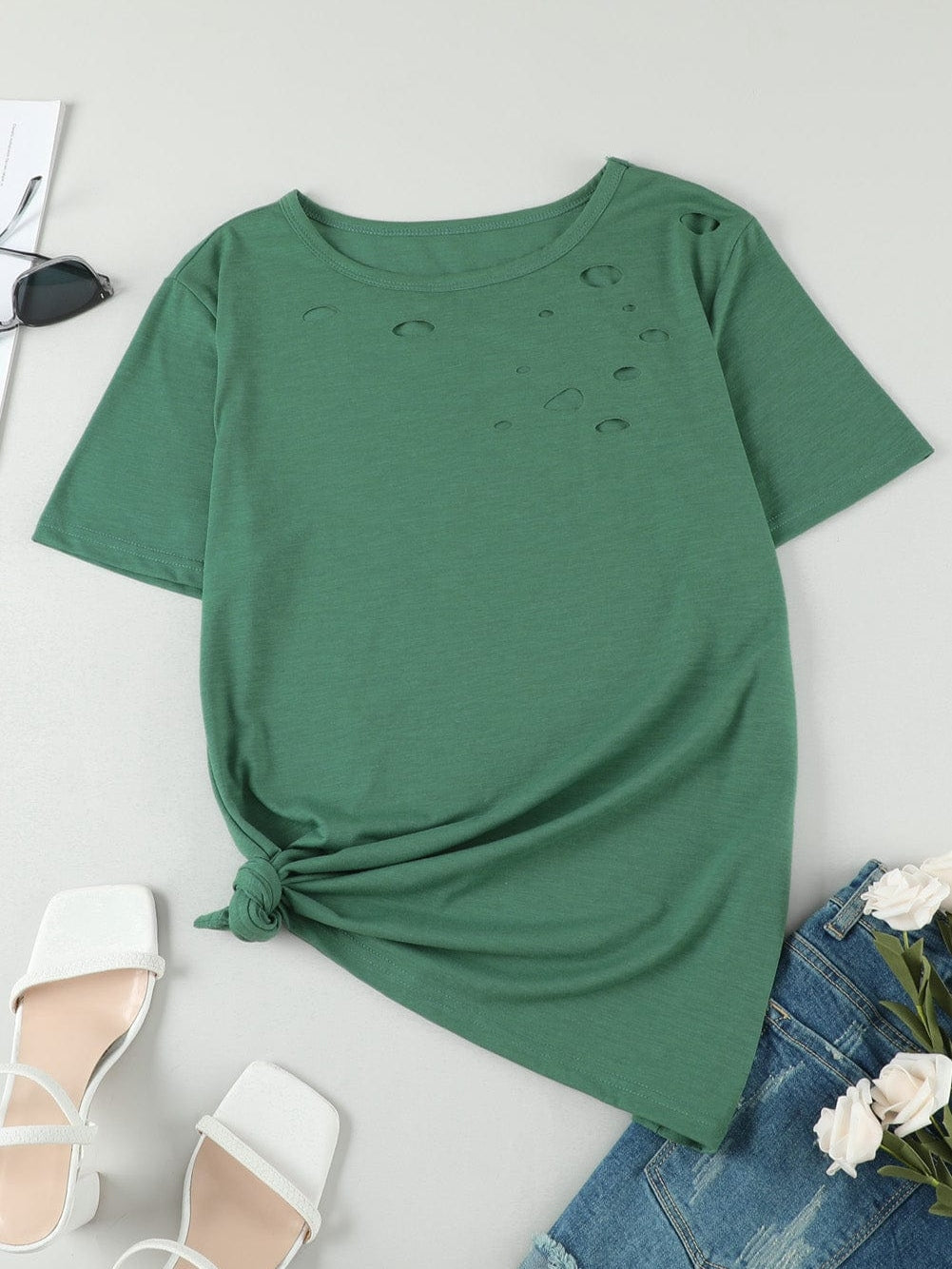 Green Cut-Out Crew Neck Tunic Tee