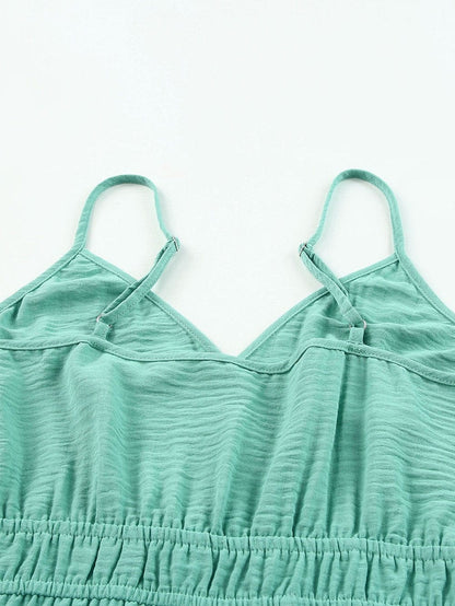 Green Deep V-Neck Sleeveless Jumpsuit with Shirred Waist