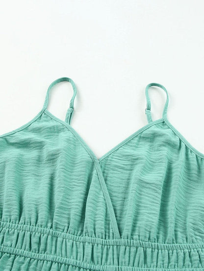 Green Deep V-Neck Sleeveless Jumpsuit with Shirred Waist