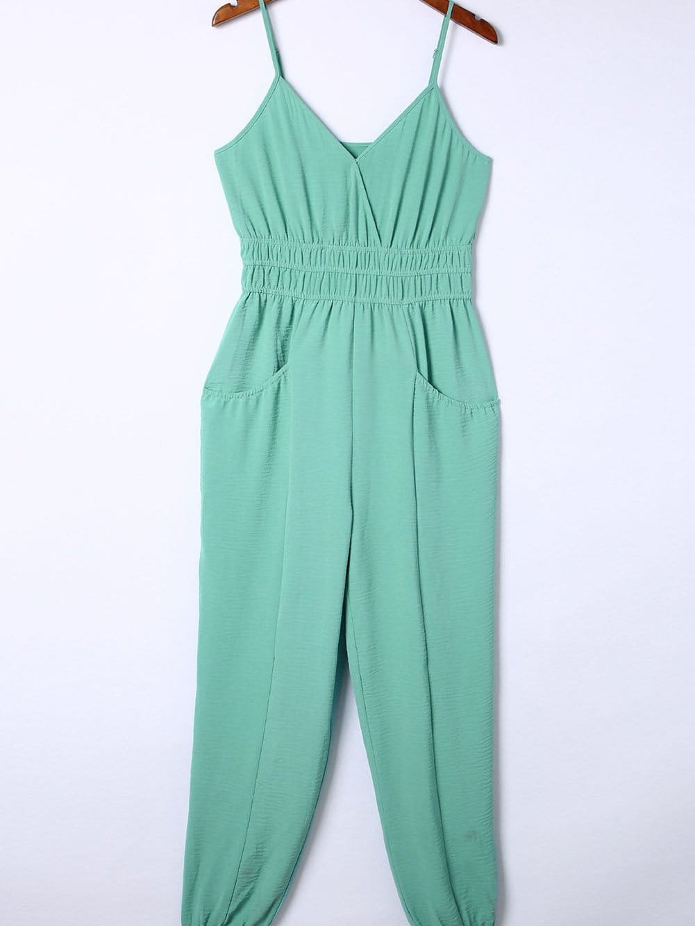 Green Deep V-Neck Sleeveless Jumpsuit with Shirred Waist