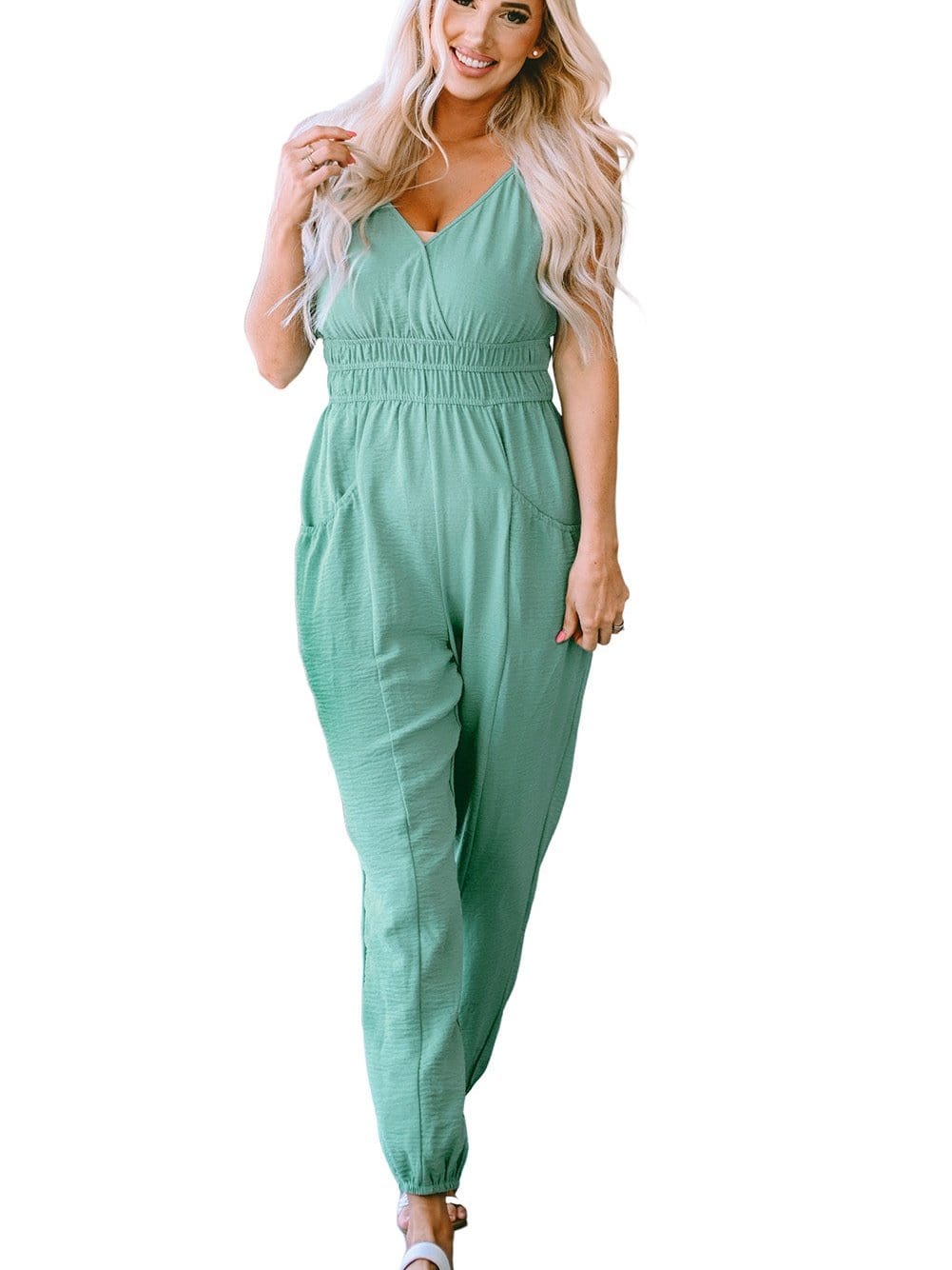 Green Deep V-Neck Sleeveless Jumpsuit with Shirred Waist