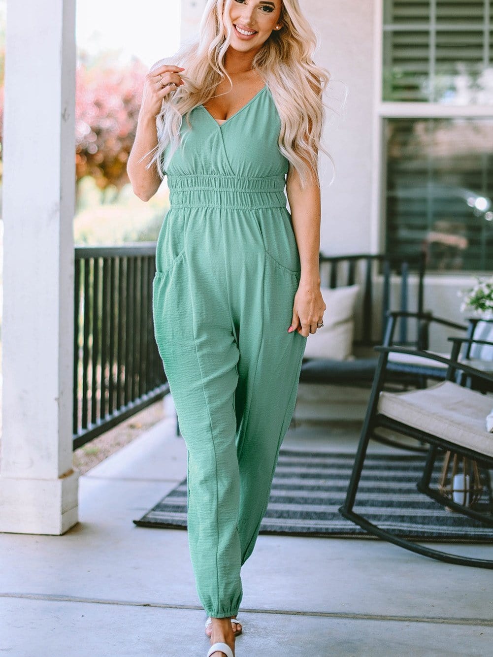 Green Deep V-Neck Sleeveless Jumpsuit with Shirred Waist