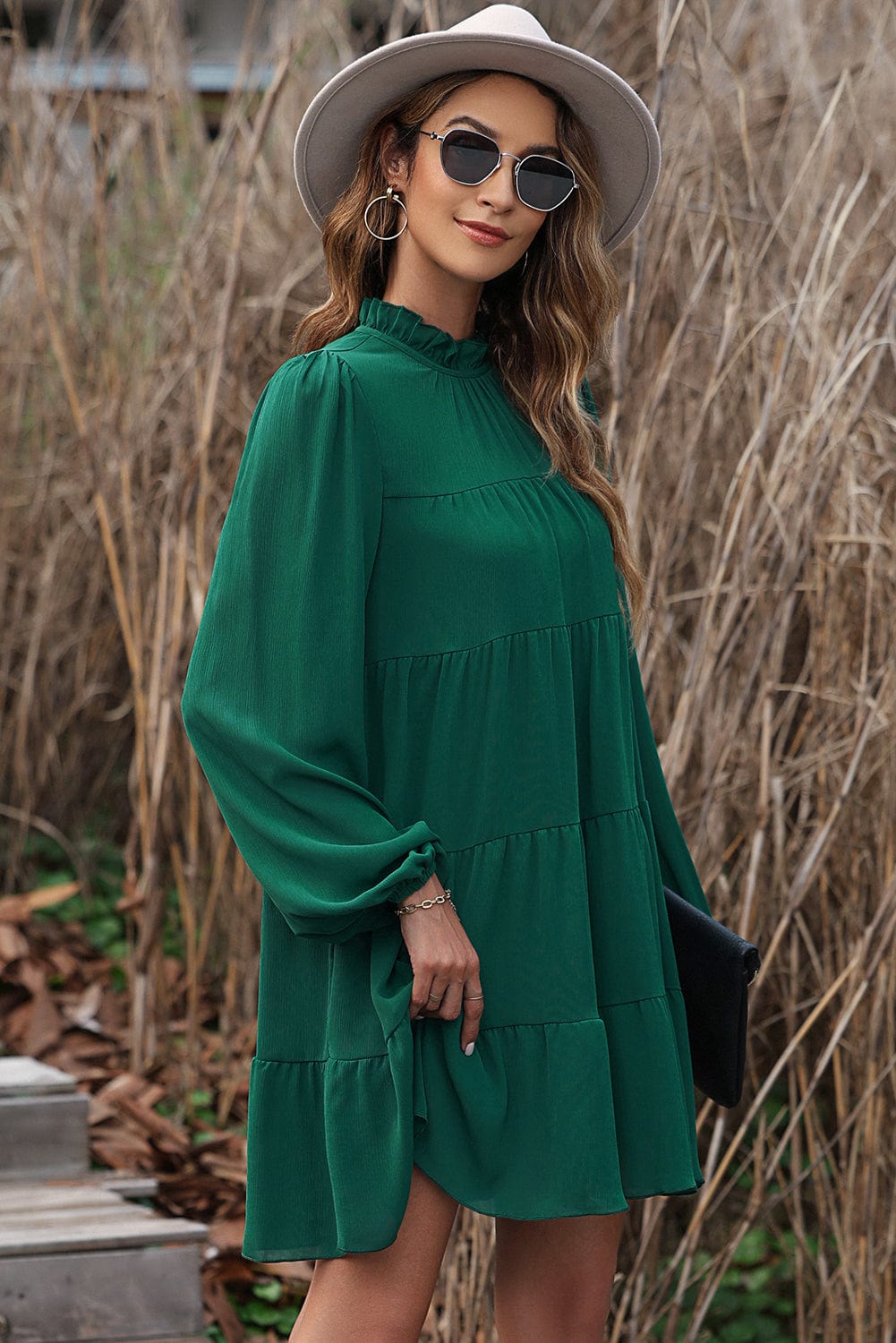 Green Elegant Mock Neck Tiered Dress with Puff Sleeves and Back Knot
