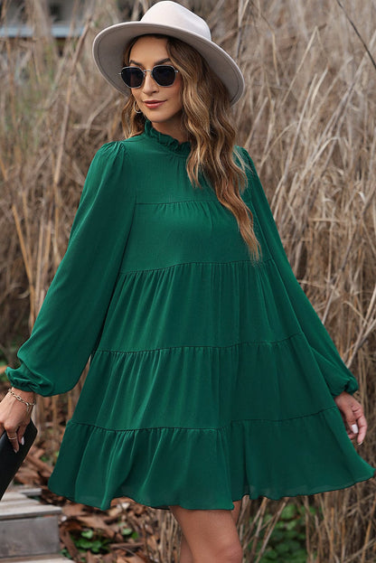 Green Elegant Mock Neck Tiered Dress with Puff Sleeves and Back Knot