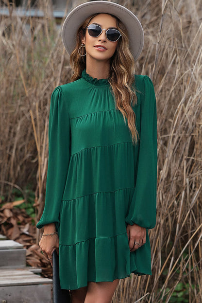 Green Elegant Mock Neck Tiered Dress with Puff Sleeves and Back Knot