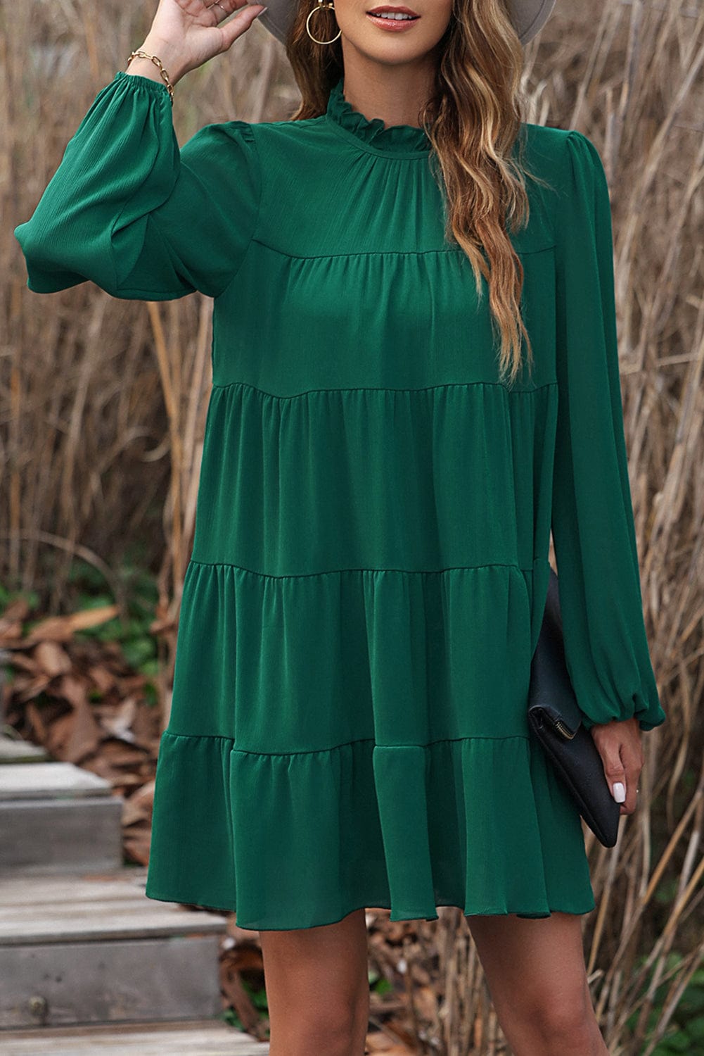 Green Elegant Mock Neck Tiered Dress with Puff Sleeves and Back Knot
