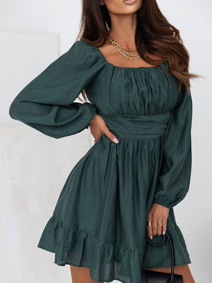 Green Flared Sleeve Mini Dress with Ruched Square Neck