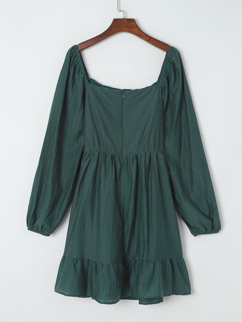 Green Flared Sleeve Mini Dress with Ruched Square Neck
