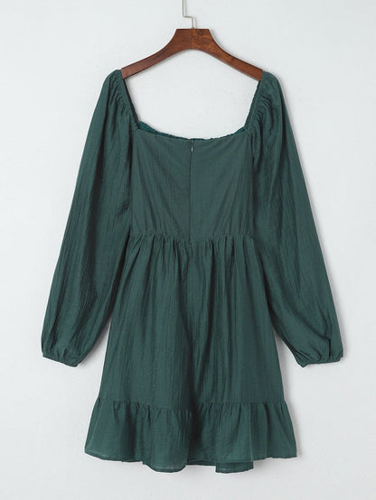 Green Flared Sleeve Mini Dress with Ruched Square Neck