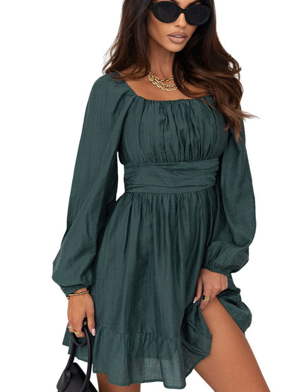 Green Flared Sleeve Mini Dress with Ruched Square Neck