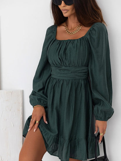 Green Flared Sleeve Mini Dress with Ruched Square Neck