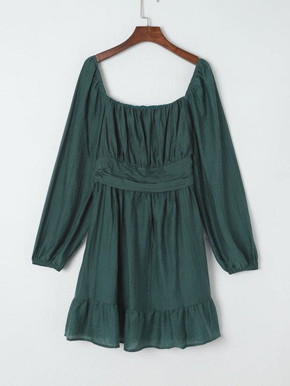 Green Flared Sleeve Mini Dress with Ruched Square Neck