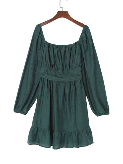 Green Flared Sleeve Mini Dress with Ruched Square Neck